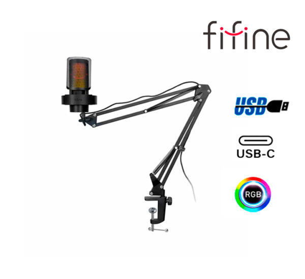 MICROFONO FIFINE A8T BLACK AMPLIGAME  SOPORTE BRAZO RGB CONDENSADOR