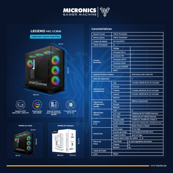 CASE MICRONICS MIC GC806 BLACK ARGB FAN X7 TIPO/C S/FUENTE ATX - Imagen 2
